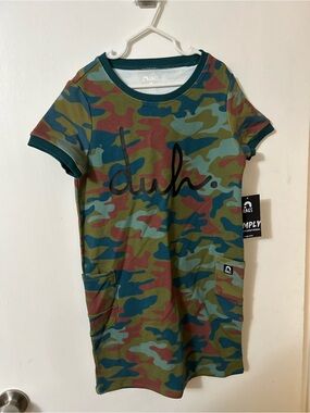 Rags to Raches Camo Pocket Tee Dress - Green Blue Brown
